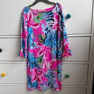 Lilly Pulitzer girls UPF 50+ Mini Sophie Ruffle Dress in Cockatoo Pink, size L